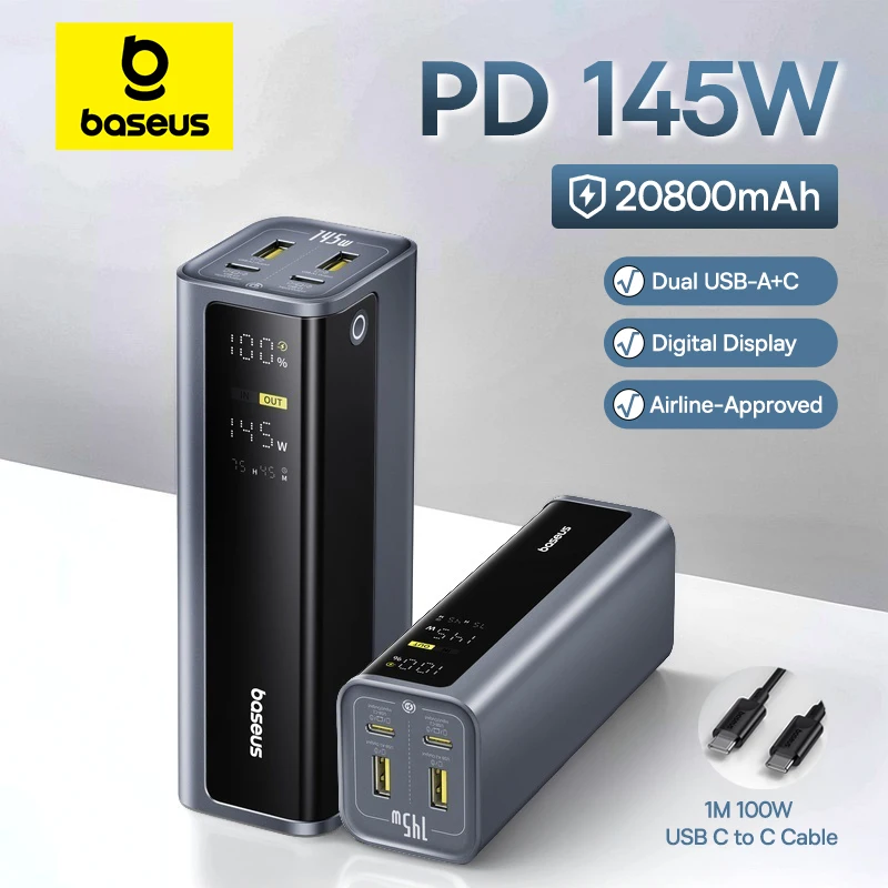 Baseus 145 Вт Power Bank 20800 мАч Dual USB A USB C PD 100 Вт Быстрая зарядка Цифровой дисплей Портативный PowerBank для ноутбука Телефона Steam