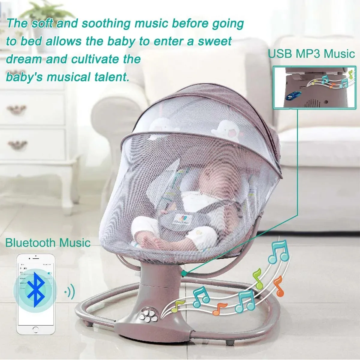 Berço elétrico para bebês, bluetooth, com mosquiteiro, música bluetooth, cadeira de balanço multifuncional, berço para recém-nascidos 2024