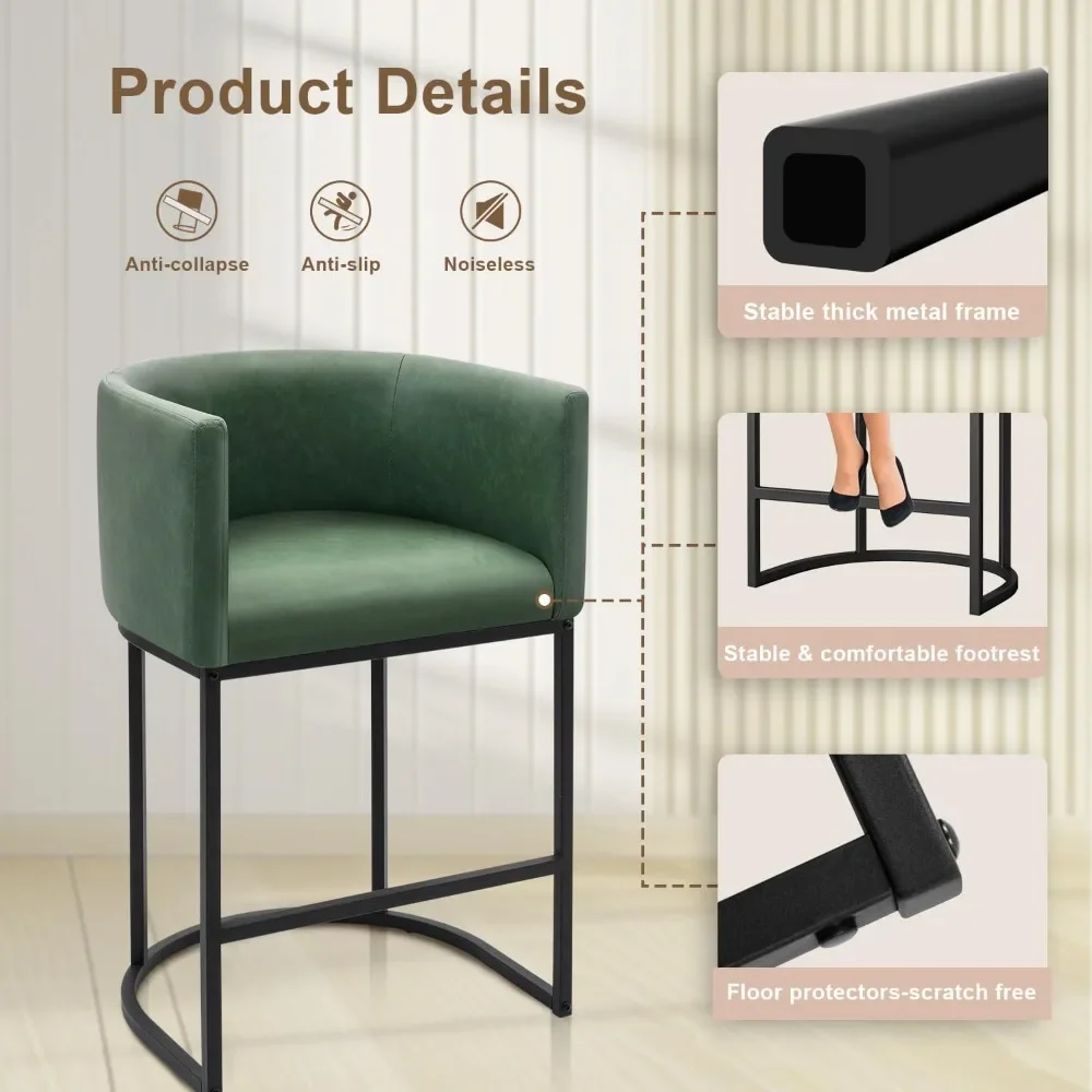 26" H Counter Height Bar Stools Set of 3, Modern Barrel Counter Stools with Backrest and Arms, Faux Leather Upholstered Accent
