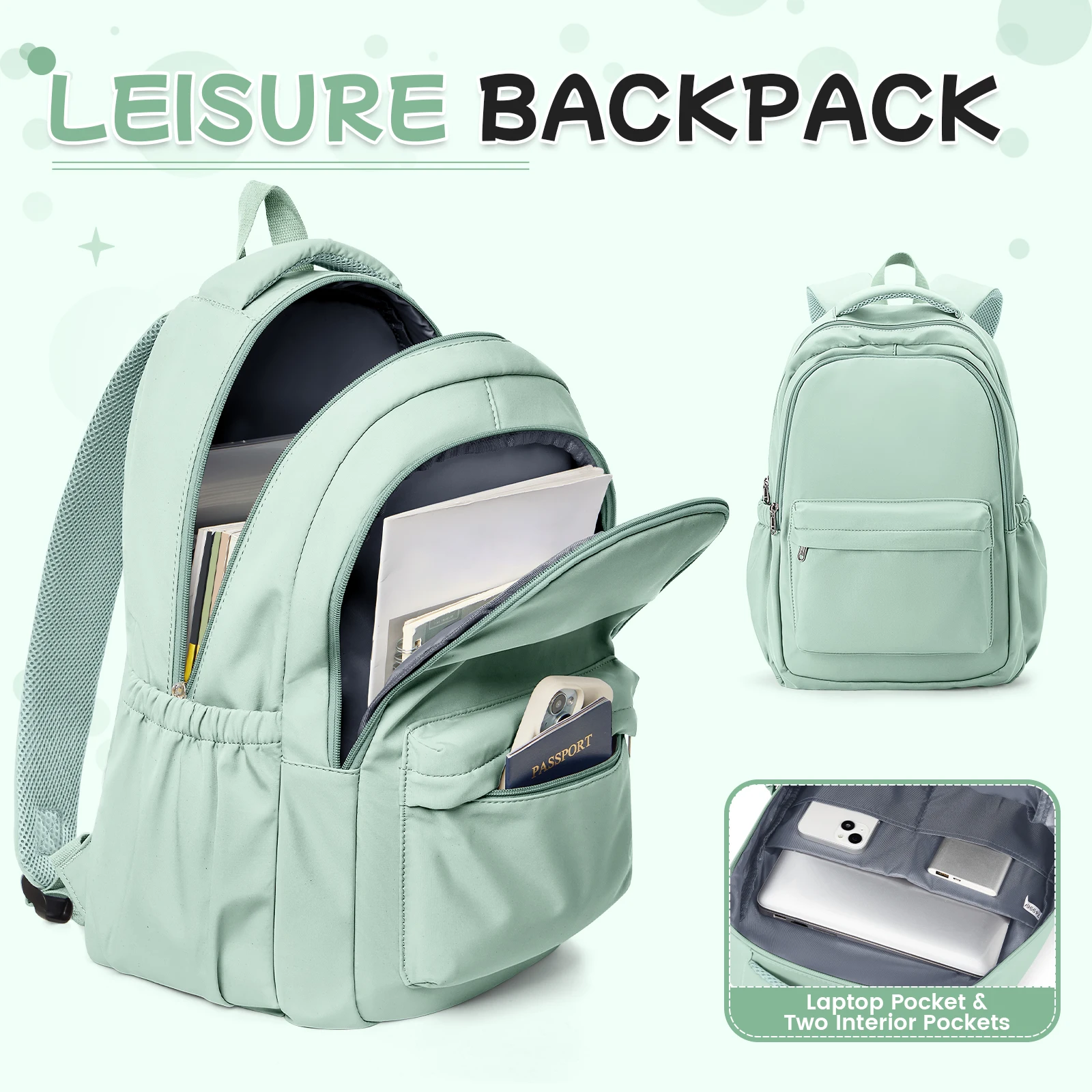 Zaino da scuola in nylon stile leggero per zaino da viaggio per studenti per adolescenti con bookbag centrale primario, scomparti multipli