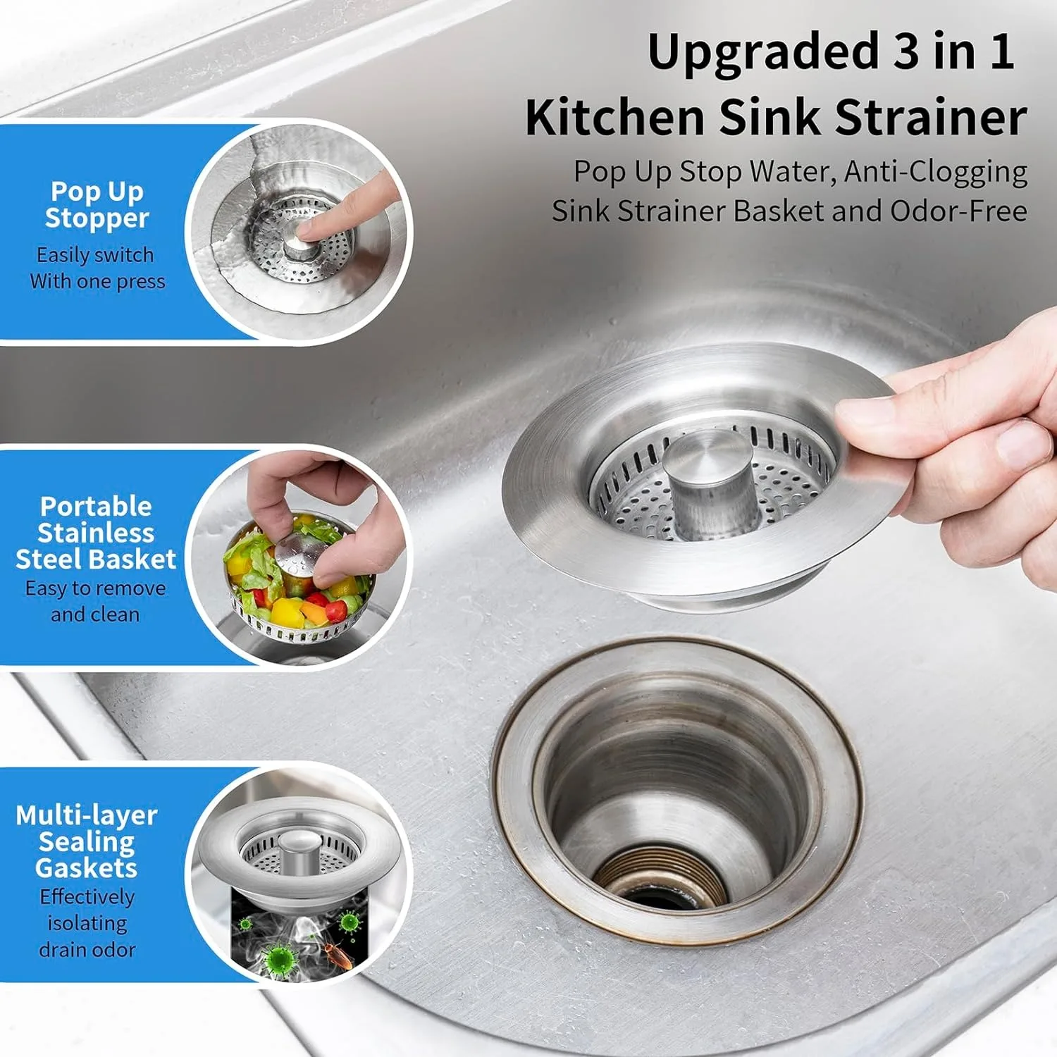 อ่างล้างจานท่อระบายน้ําสแตนเลส Pop Up Sink Stopper Anti-Clogging Sink อาหาร Catcher ตะกร้ากรองกลิ่นอ่างล้างจานปลั๊ก
