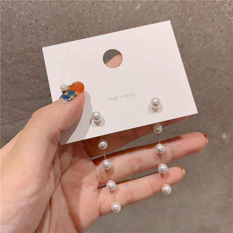 Pendientes largos de perlas de imitación para mujer, aretes colgantes de boda con diamantes de imitación y flores, joyería coreana, nueva tendencia 2022