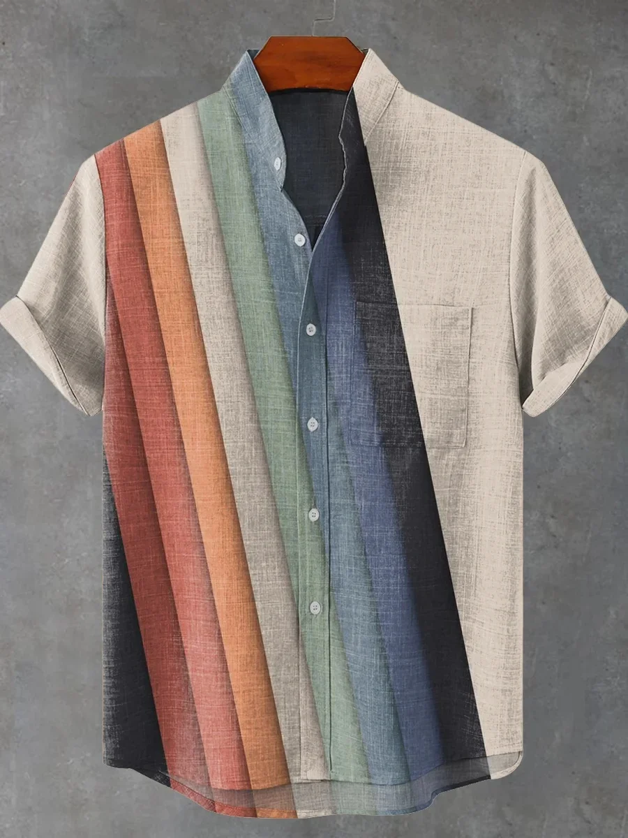2025 New men's striped linen short-sleeved shirt, summer refreshing and comfortable fabric, high-quality button top