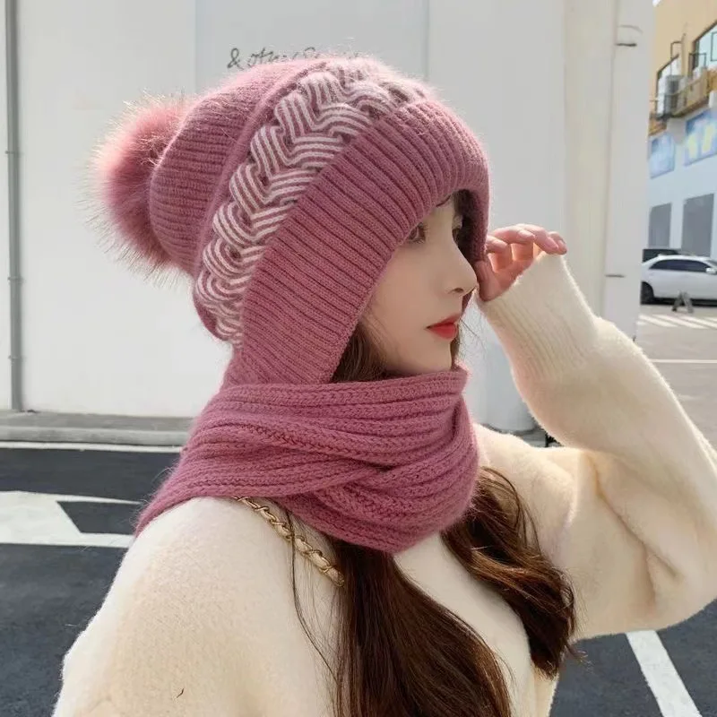 Cappello di lana da donna, versatile in autunno e inverno, versione coreana, cappello lavorato a maglia moderno e caldo con velluto spesso e sciarpa, uno-