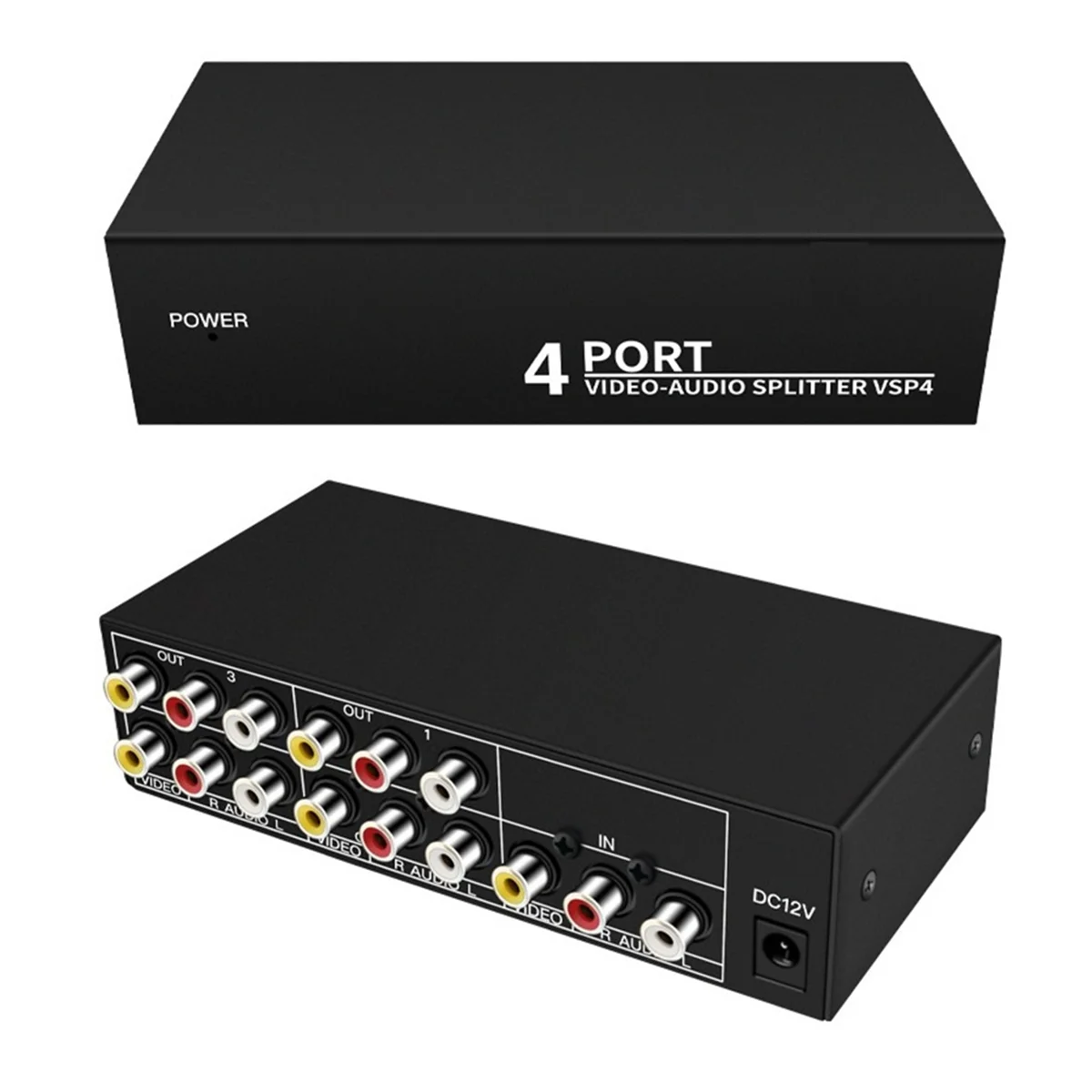 XFDE 4-Way AV Splitter 1 in 4 Out Composite RCA AV Splitter 1X4 Video Audio RCA Splitter Distributor for DVD C-VBS US Plug