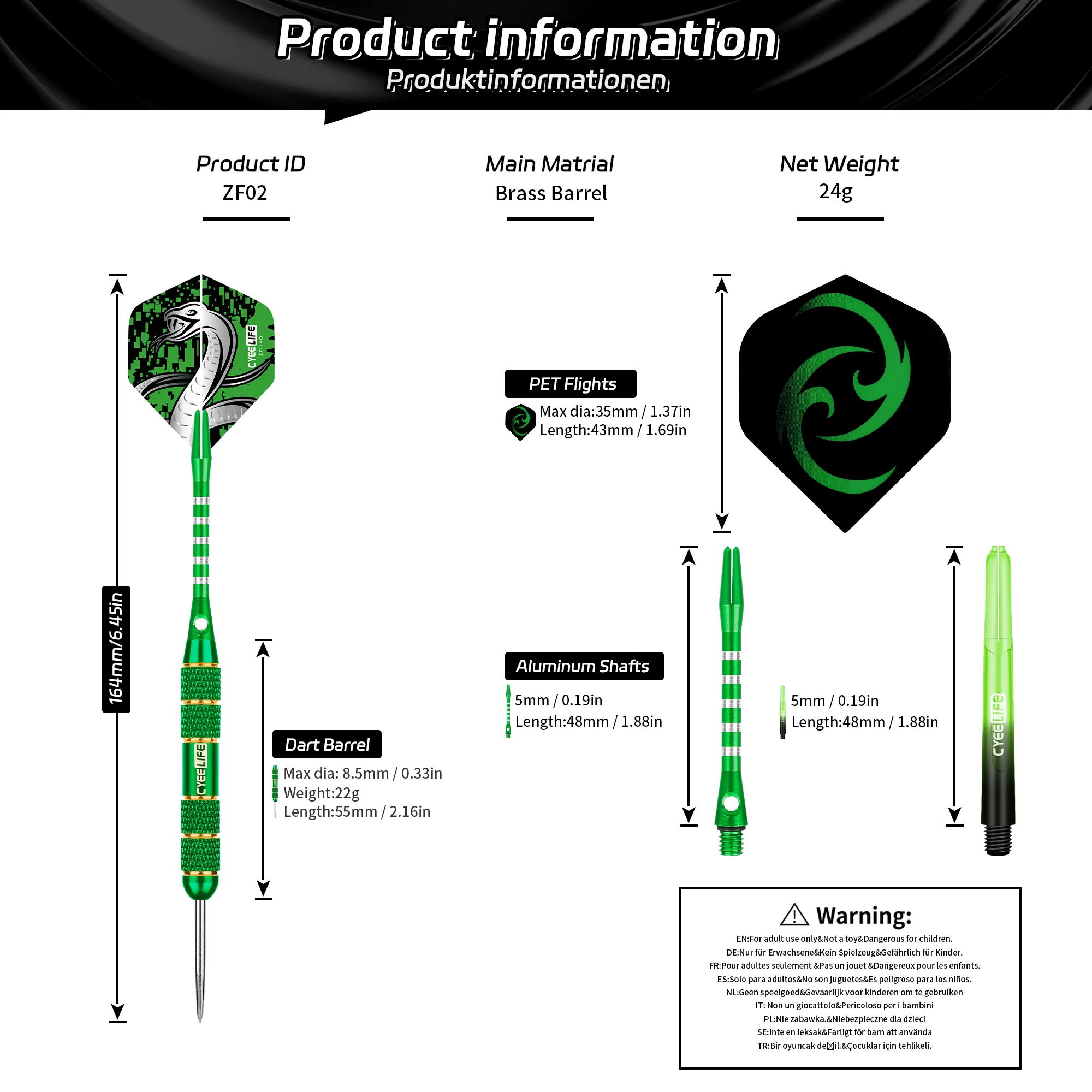 CyeeLife 24g Professionelles Dart-Set, 3-teilig, Stahlspitze, Darts, Flights, Anti-Fall, Hart-Dart, reines Kupfer, Dart fliegen, für Dartscheibe, grün