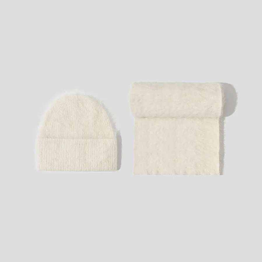 ปุย Alpaca ขนสัตว์ Beanies ผ้าพันคอชุดผู้หญิงหมวกถักอบอุ่นสองชิ้นฤดูหนาว