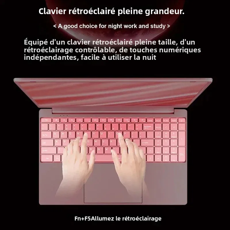 Ordinateur portable Windows 11 Pro 11e génération Celeron N5095 Max 32 Go de RAM 2 To SSD double WiFi (2,4 G/5.0 G) Bluetooth et un clavier rose chic
