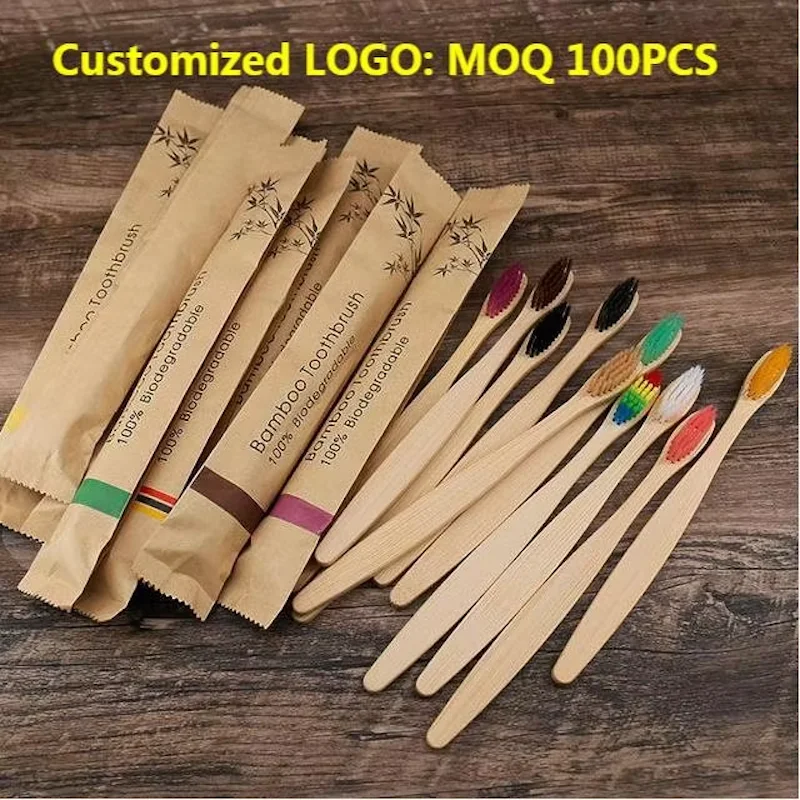 50/100Pcs 친환경 대나무 Resuable 칫솔 휴대용 성인 나무 부드러운 칫솔 맞춤형 레이저 조각 로고
