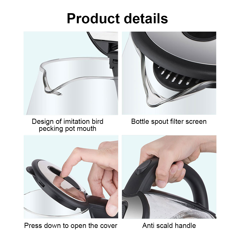 2L Larger Capacity Electric Kettle 220V Glass Tea Kettle Home Kitchen Water Heater 1500-1800W EU/UK Plug Water Boiler