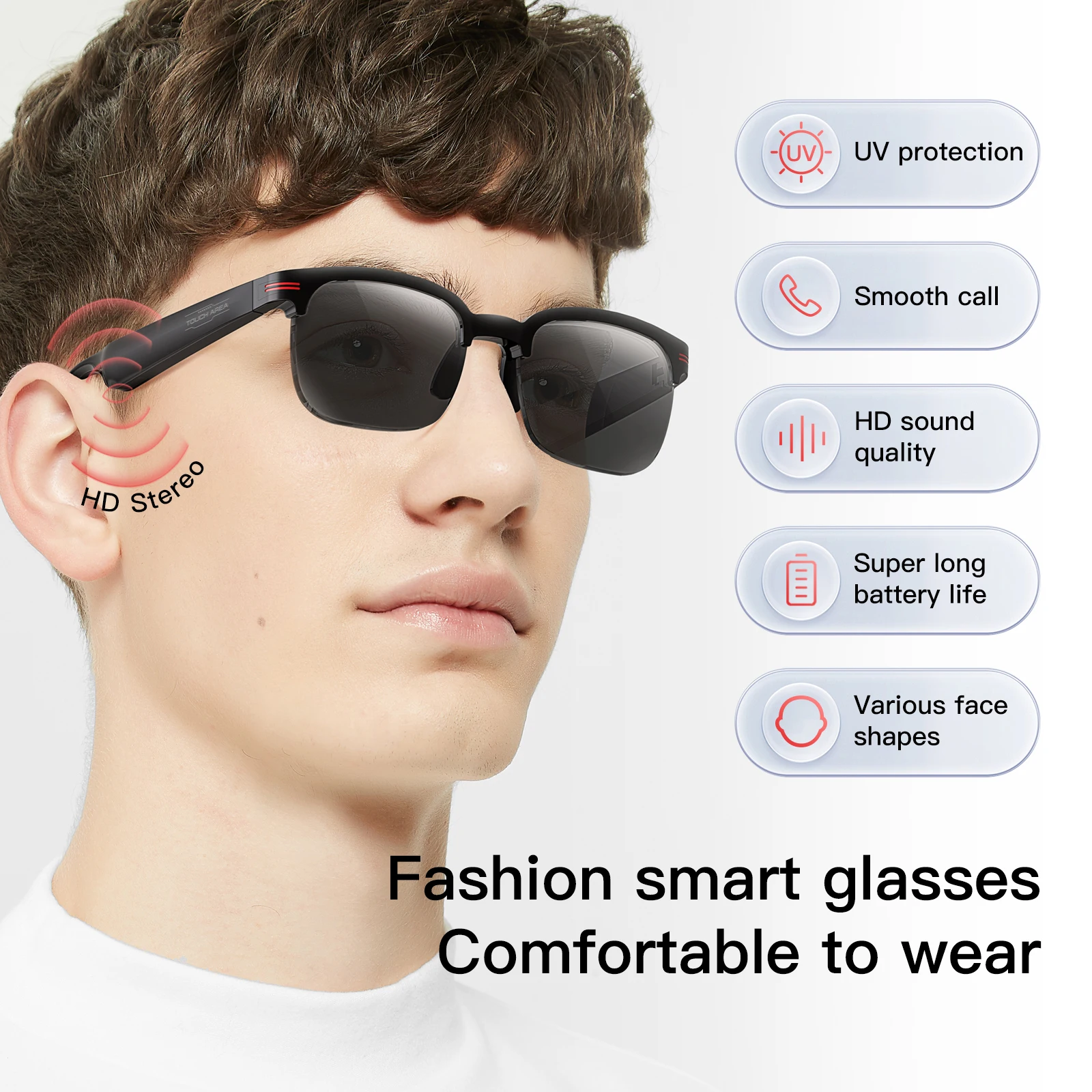 แว่นตาอัจฉริยะ Bluetooth ใหม่สําหรับการวิ่งกลางแจ้ง แว่นกันแดดเพลง/โทร/กีฬา/การเดินทาง/ขับรถ/ธุรกิจสําหรับผู้ชายและผู้หญิง