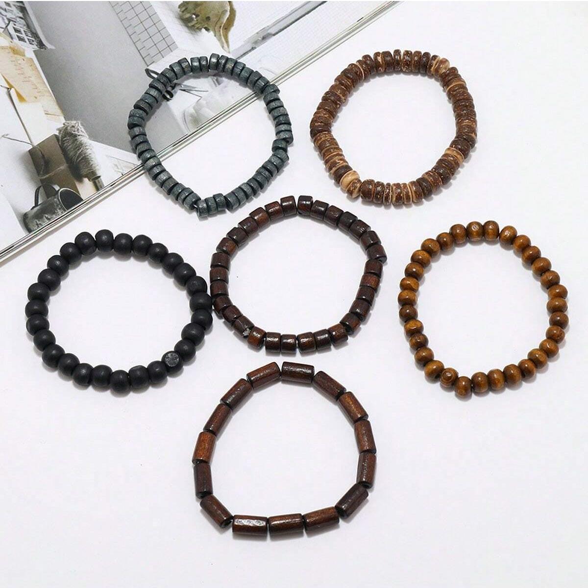 6 uds Wodeen pulsera de cuero envolvente trenzada para hombres cuentas de madera de vida Vintage brazalete masculino de moda