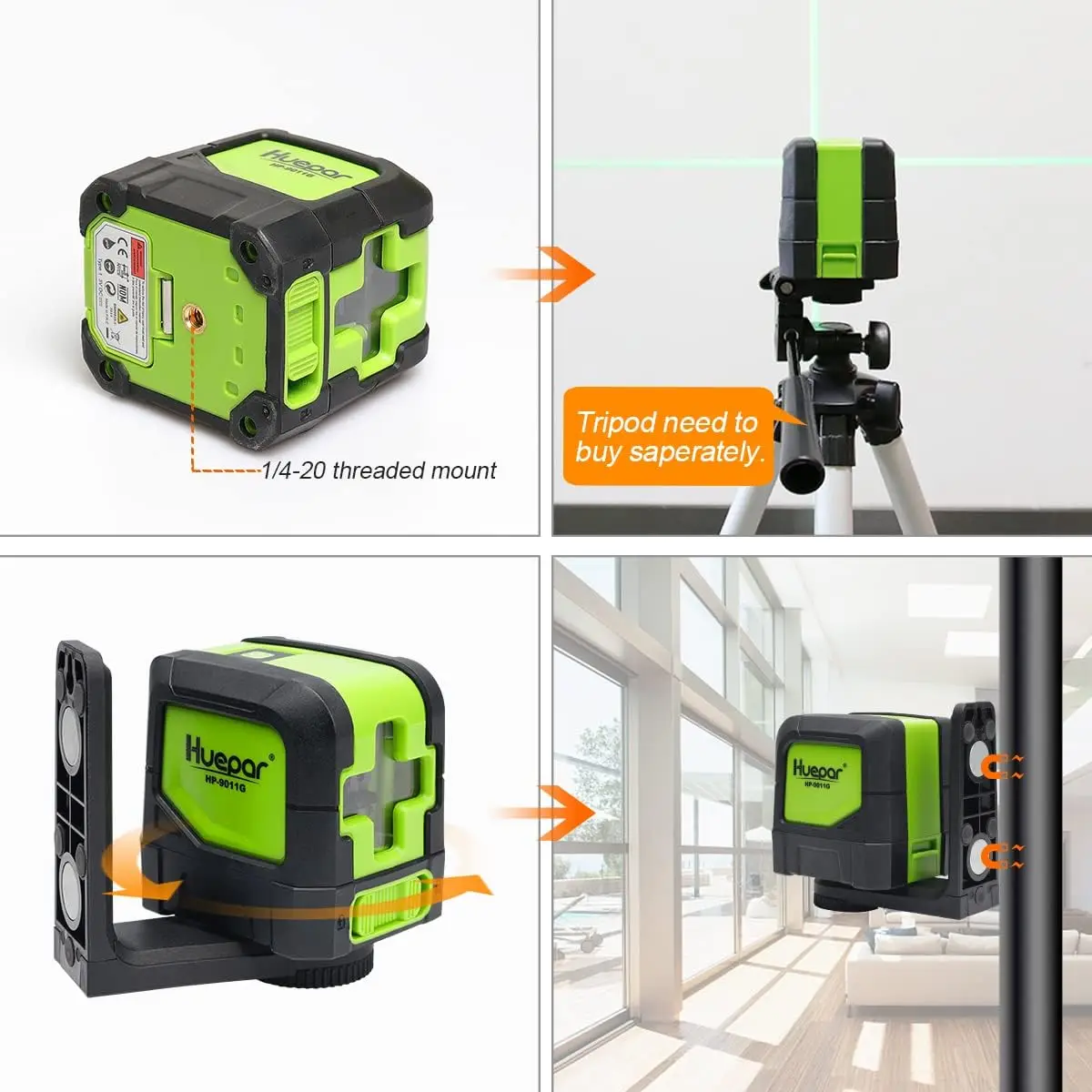 Huepar 2 Dòng Laser Tự Levelling ( 4 Độ) xanh Đỏ Chùm Tia Laser Ngang & Dọc Chéo Cùng Với Đế Từ Tính