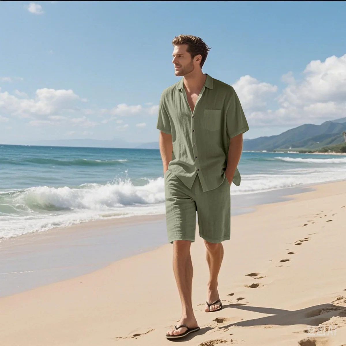Neues Sommer-Herren-Retro-Hemd-Set aus Baumwolle und Leinen, modisches Strand-Kurzarmhemd und Shorts mit Reversknöpfen und zweiteiligem Set