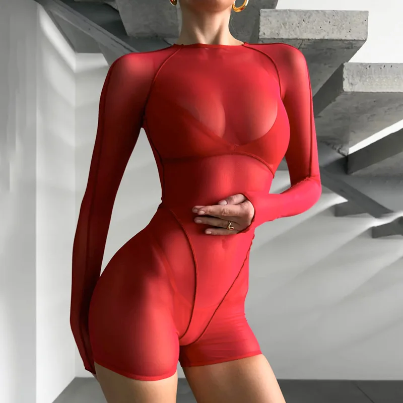 BKLD Frühling 2025, Neue Frauen Kleidung Sexy Party Clubwear Mesh Mode Gedruckt Perspektive Langarm Rundhals Bodycon Strampler