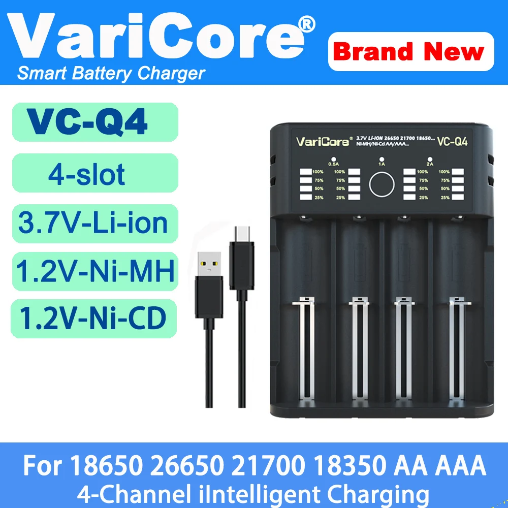 VariCore VCQ4 Carregador de bateria inteligente portátil de 4 slots para 3.7V Lítio 18650 26650 21700 18500 18350 1.2V NI-MH Ni-Cd AA AAA