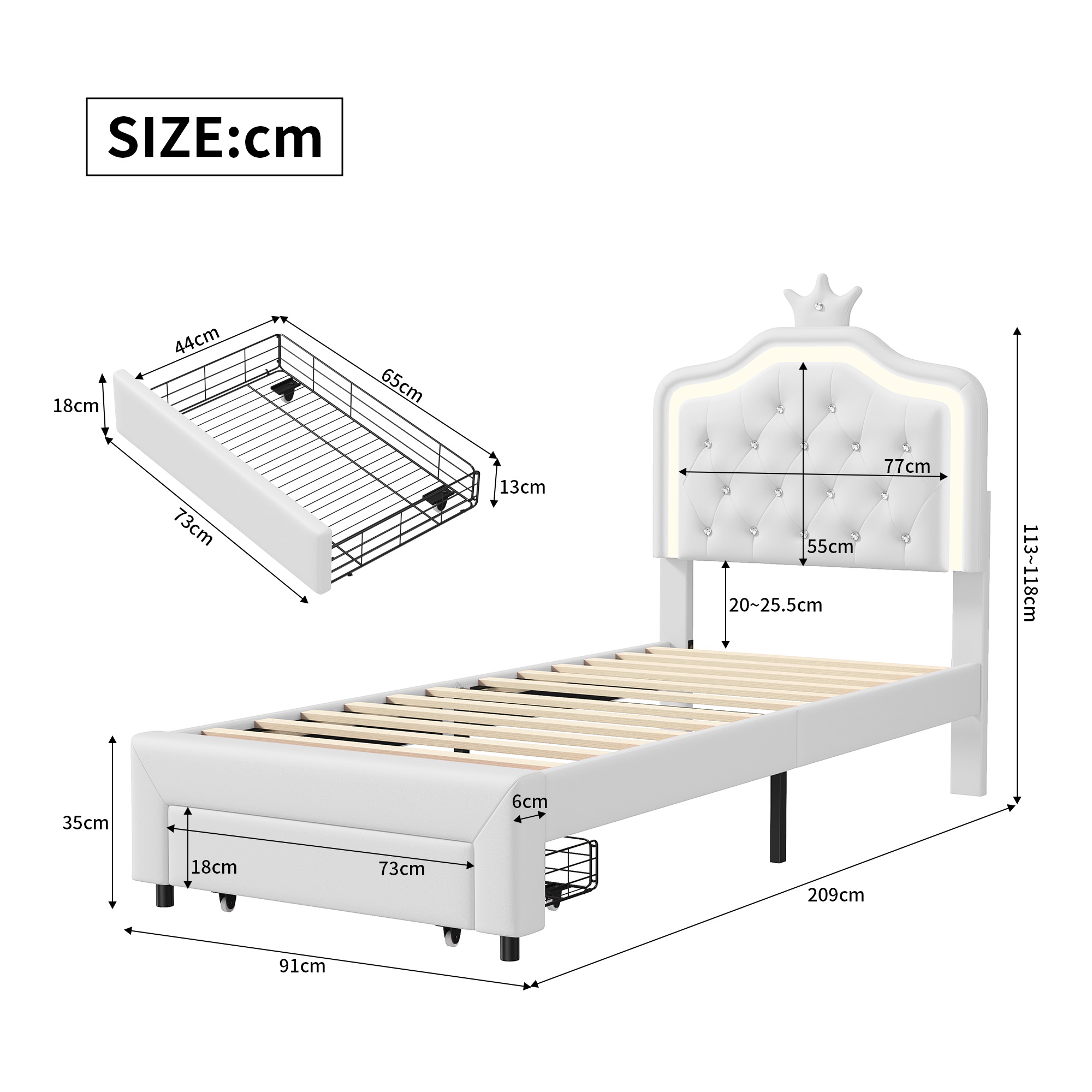 Lit bébé avec 1 égout de proximité et lumières LED, 90x200 cm, simple, blanc, filles, cuir PU, base à lattes et dossier