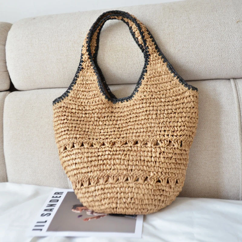 Bolsa tote de palha de grande capacidade, bolsa de palha para mulheres, tecido, moda artesanal, boho, bolsa de ombro, alta qualidade, férias à beira-mar, praia