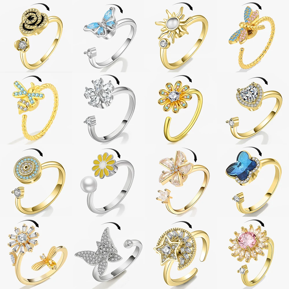 SMJEL Fidget Spinner anillo ansiedad para mujeres múltiples flores de cristal ojo mariposa Animal anillo giratorio Anti estrés joyería de boda