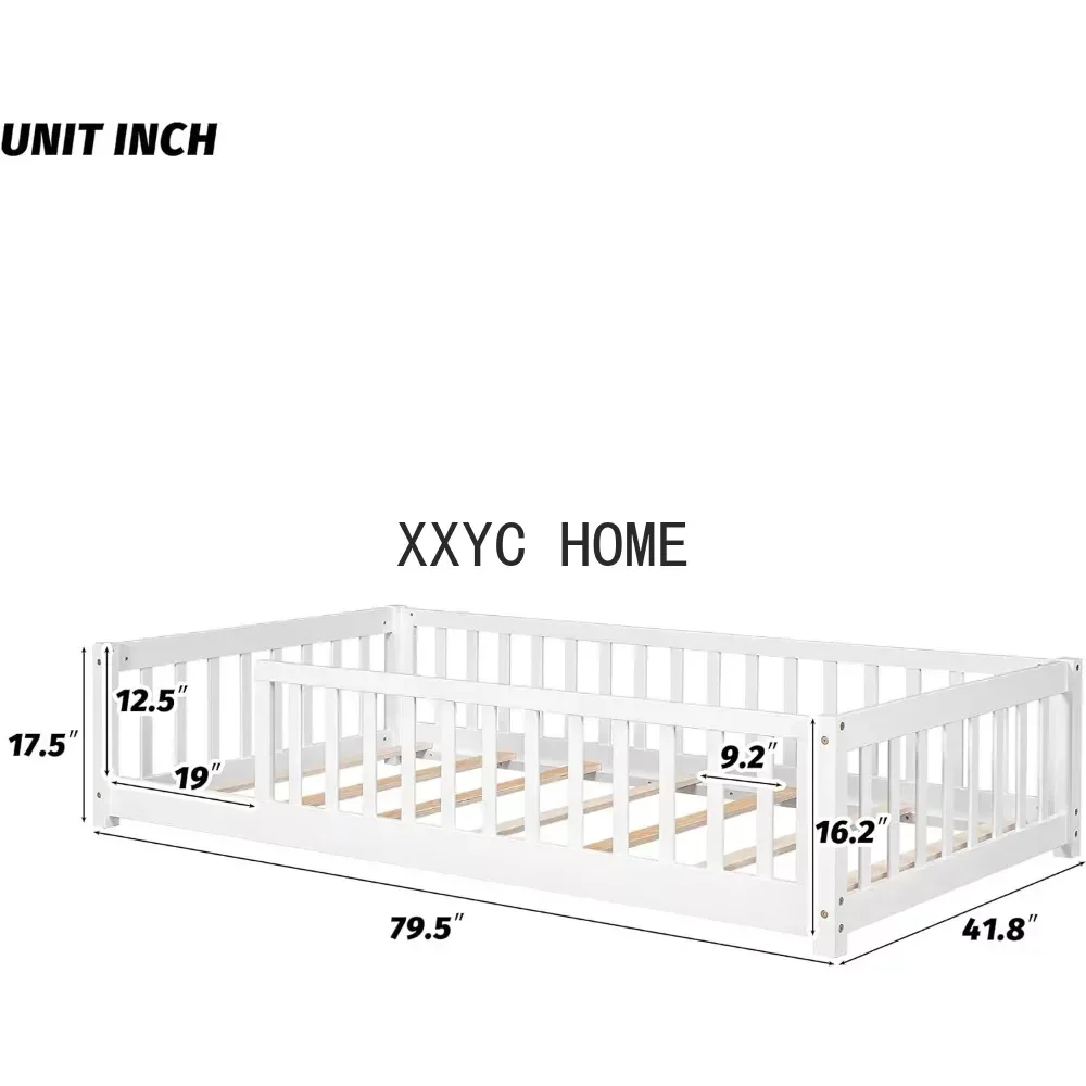 Marco cama de piso de tamaño doble con valla de seguridad y listón, cama de piso Montessori para niños