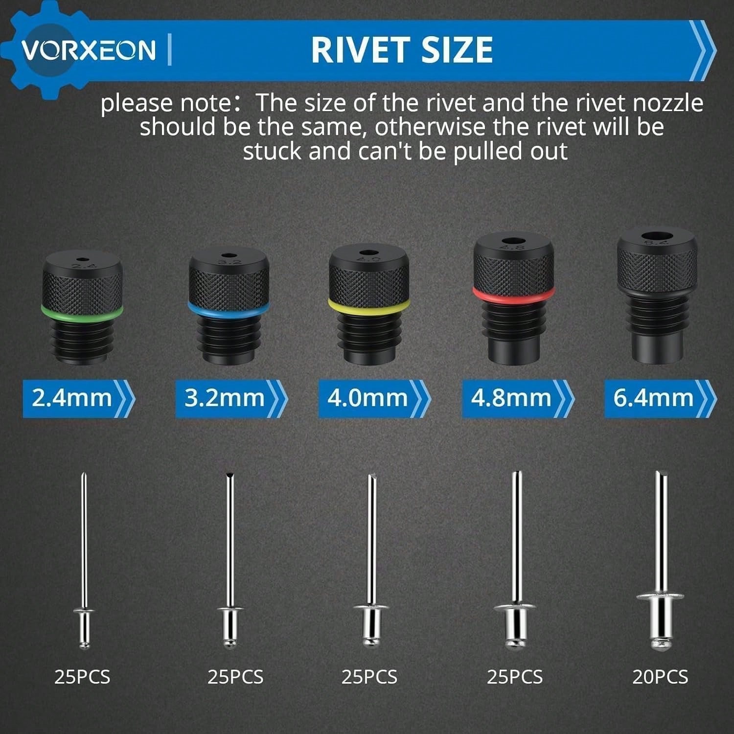 Rivet Gun 13in 34cm Professional rivet gun set with 200Pcs Different sizes Rivets 5 Replaceable Noses for Furniture Car Boat