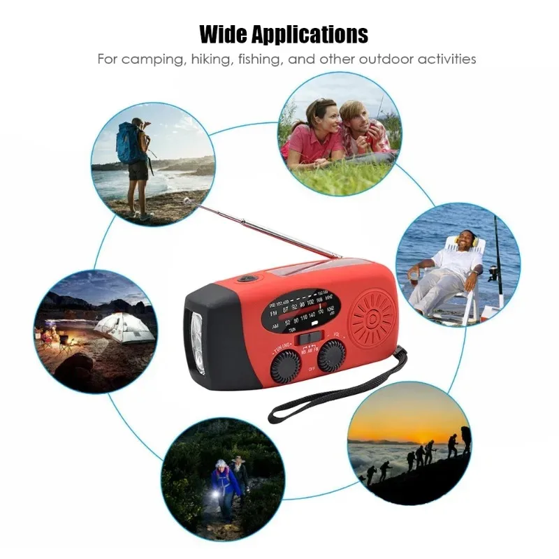 手動クランク発電機、パワーバンク、ソーラーウェザーラジオ、屋外緊急、ポータブルUSBインターフェース充電、屋外での使用に適しています