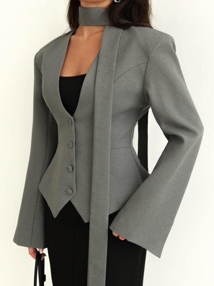 Zmeina jaqueta blazer cinza feminina com detalhe de cachecol integrado decote em v botão frontal manga comprida slim fit casual zm3252