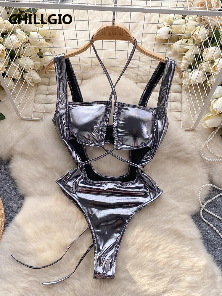 CHILLGIO ผู้หญิงเซ็กซี่ METALLIC Feeling Jumpsuits กระโปรงเสื้อผ้าชุด Hollowed BANDAGE Halter Rompers Combi-กางเกงแน่น Bodysuits
