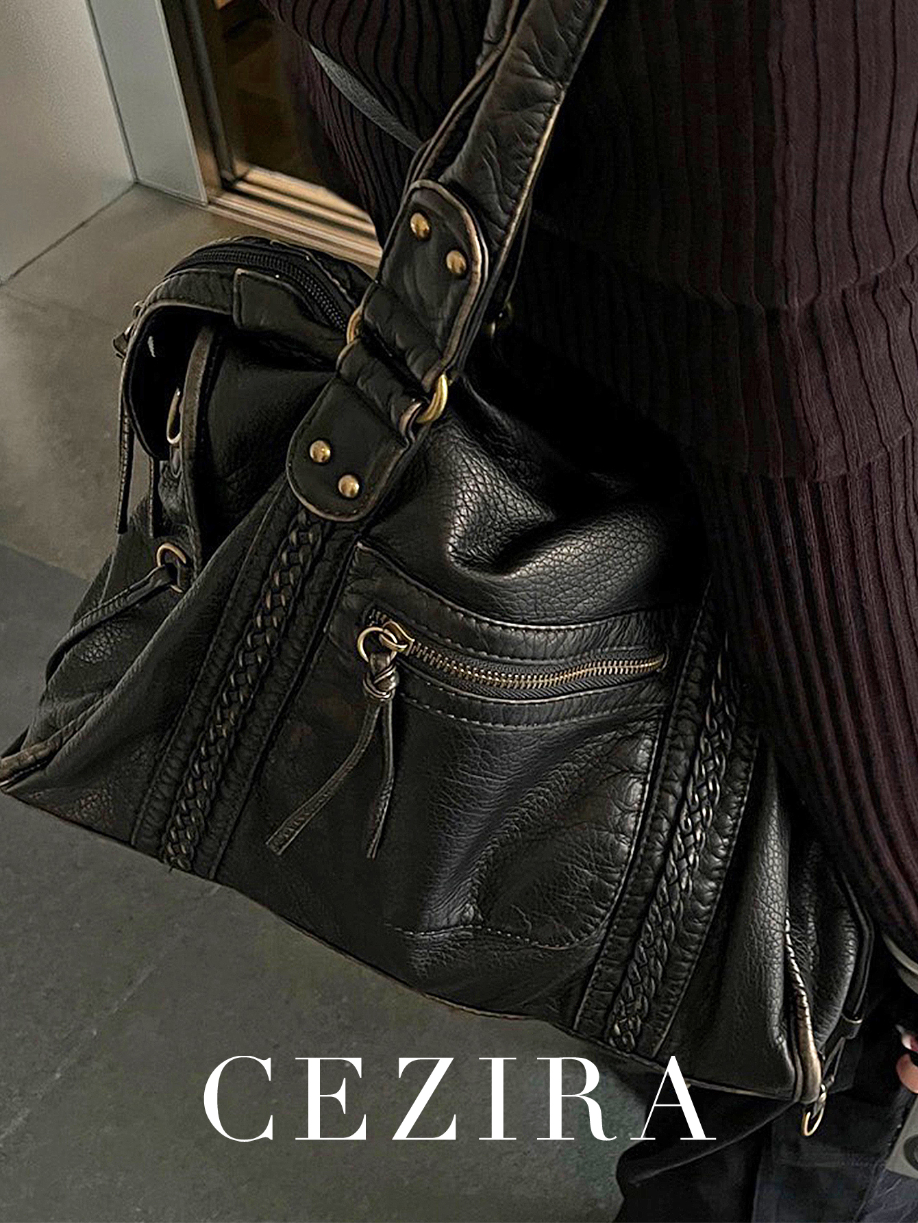 Vintage Gewassen Pu Leer Grote Capaciteit Draagtas Met Rits Gevlochten Decor Schouder Crossbody Tas Unisex Vrouwen Dagelijkse Reishandtas