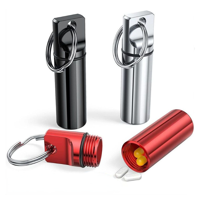 Caixa de comprimidos à prova d'água de alumínio com armazenamento selado, cabeça plana, cartucho de liga redonda e chaveiro para óleos de peixe vitamínicos