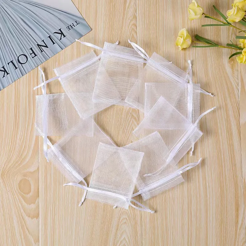 25 sacchetti trasparenti per bomboniere in organza, tasca per imballaggio, gioielli, caramelle, con coulisse, sacchetto in rete, compleanno, festa di nozze, piccolo sacchetto regalo