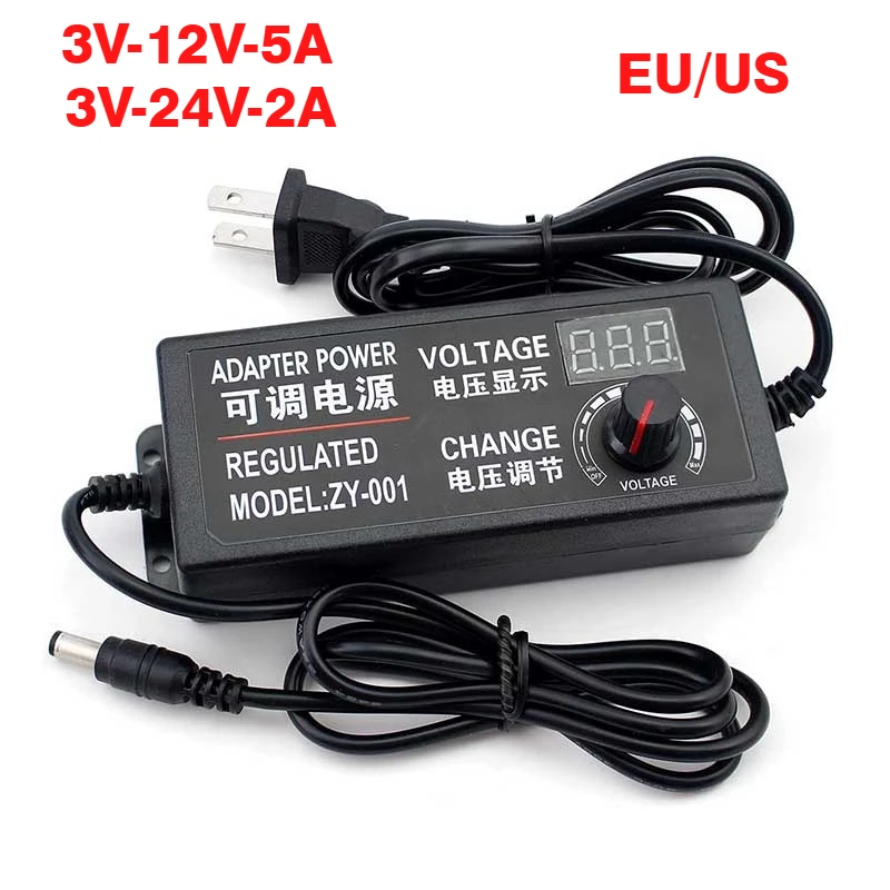 Adattatore regolabile da 3 V a 12 V 5 A o 3 V a 24 V 2 A Schermo di visualizzazione dell'alimentatore Manopola regolata Ingresso CC 5,5 * 2,5 mm US EU 100-240 V CA