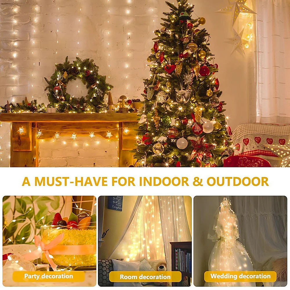 กลางแจ้งพลังงานแสงอาทิตย์ม่านแสง 300LED กันน้ํา String ไฟ Garden Yard Pavilion Fairy Garland String ไฟตกแต่งวันหยุด