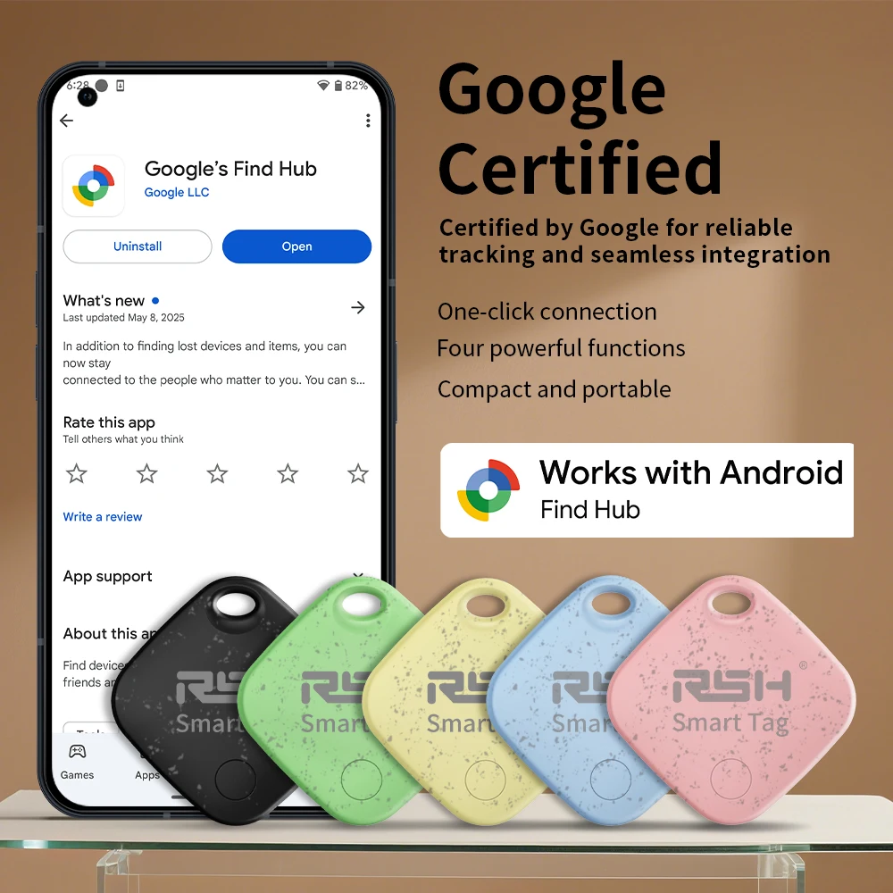 RSH 4er-Pack Sicherheits-GPS-Tracker, Auto-Geldbörse, Haustiere, Anti-Verlust, Eco-Smart-Tag für Google's Find Hub, Android-Locator für Xiaomi Pixel