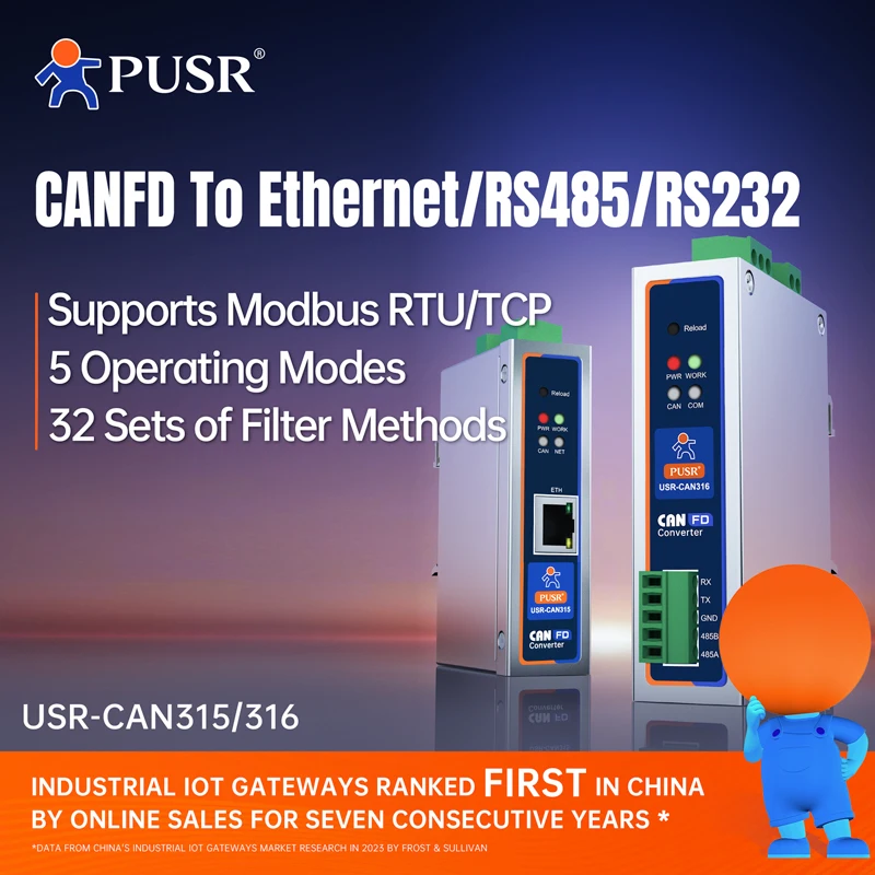 Преобразователь протокола PUSR CANFD CANFD в Ethernet CANFD в RS485 RS232 Modbus RTU в Modbus TCP USR-CAN315/316