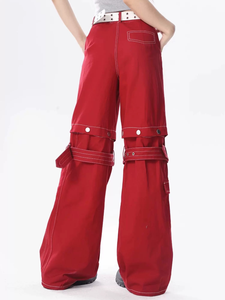 ADAgirl Rote Baggy-Cargohose für Damen, Y2k-Hip-Hop, Vintage-Gothic-Hippie, abnehmbare Jeanshose mit weitem Bein, Streetwear, lässige Hose