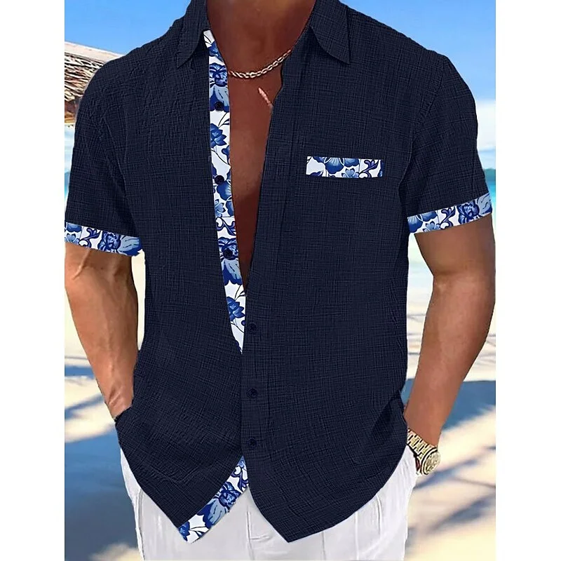 Herenoverhemd Linnen overhemd Zomershirt Strandkleding Overhemd met knopen Effen kleur Vakantie Zwart Wit Roze Marine Korte mouw Revers XS-5XL