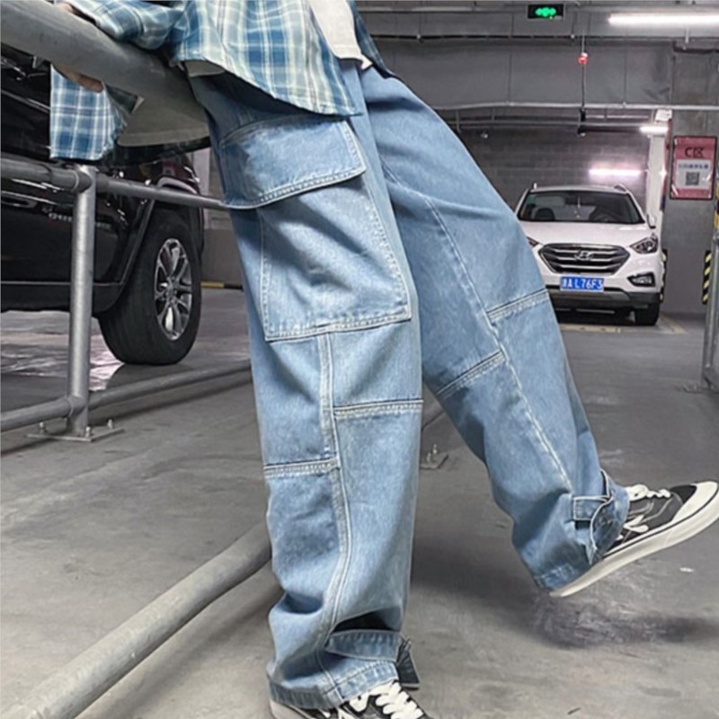 Cargo-Jeans für Herren, locker, gerade, Baggy-Jeans für Herren, Wischhose, Hip-Hop, Streetwear, Skateboard, neutraler Denim, weites Bein, Denim-Hose