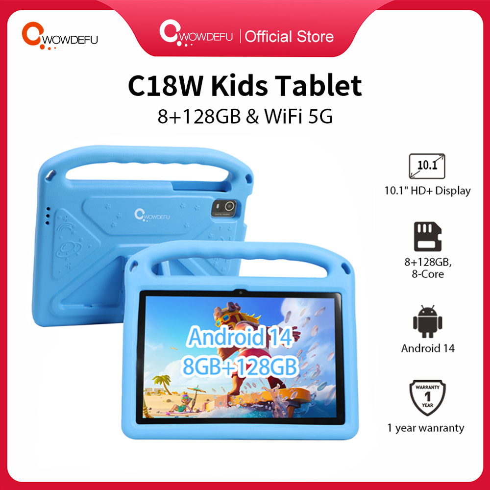 Cwowdefu Kinder Tablet Android 14 Octa Core 8GB RAM 128GB ROM 10,1 Zoll HD 5g-WLAN Kinder Pad pädagogische App installiert Geschenke