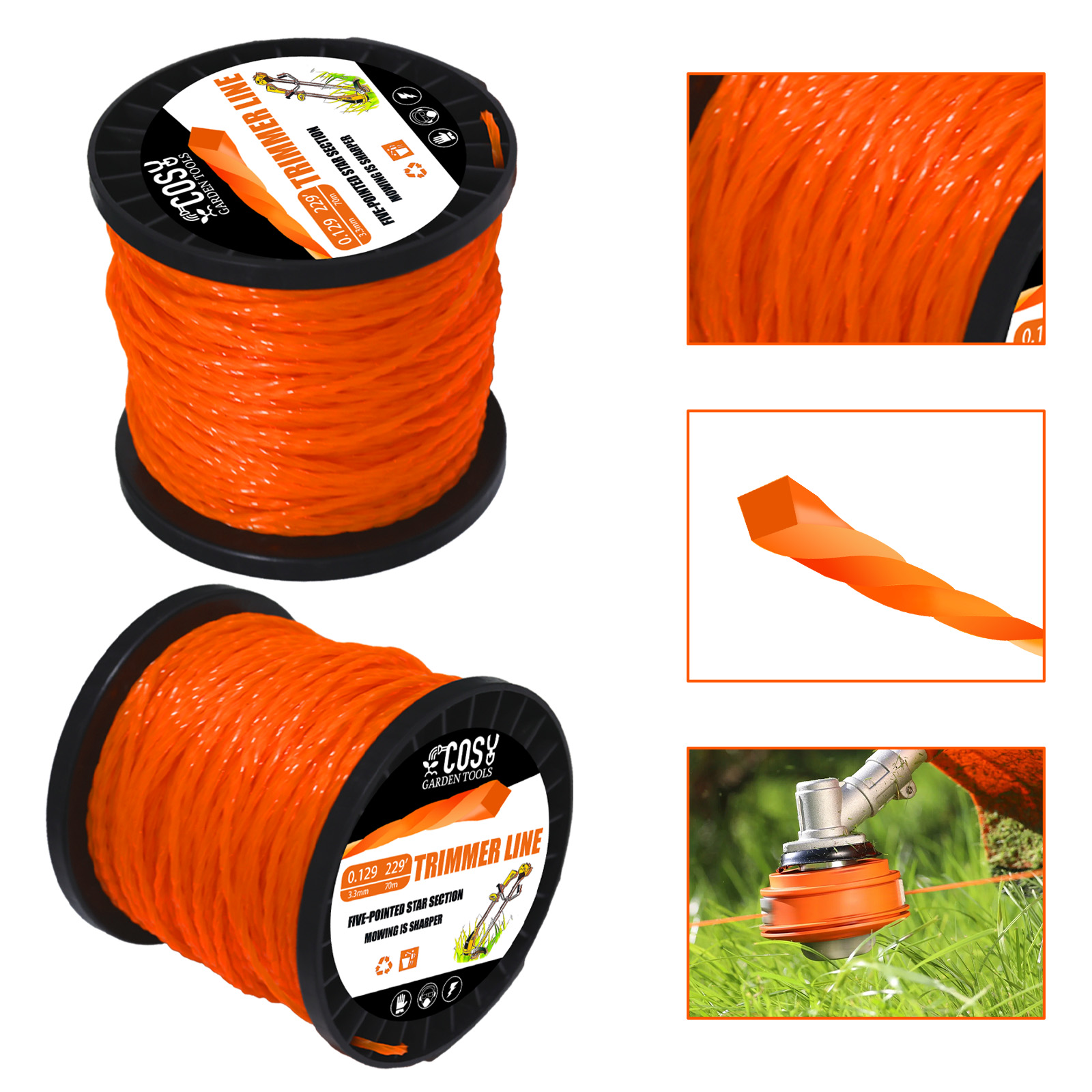 COSY2.0/2.4/2.7/3.3/4.0mm Spiral Grass Cut Strimmer Line Graphite Filling Cord Nylon String Lawn Mower Orange Twisted Shape Line