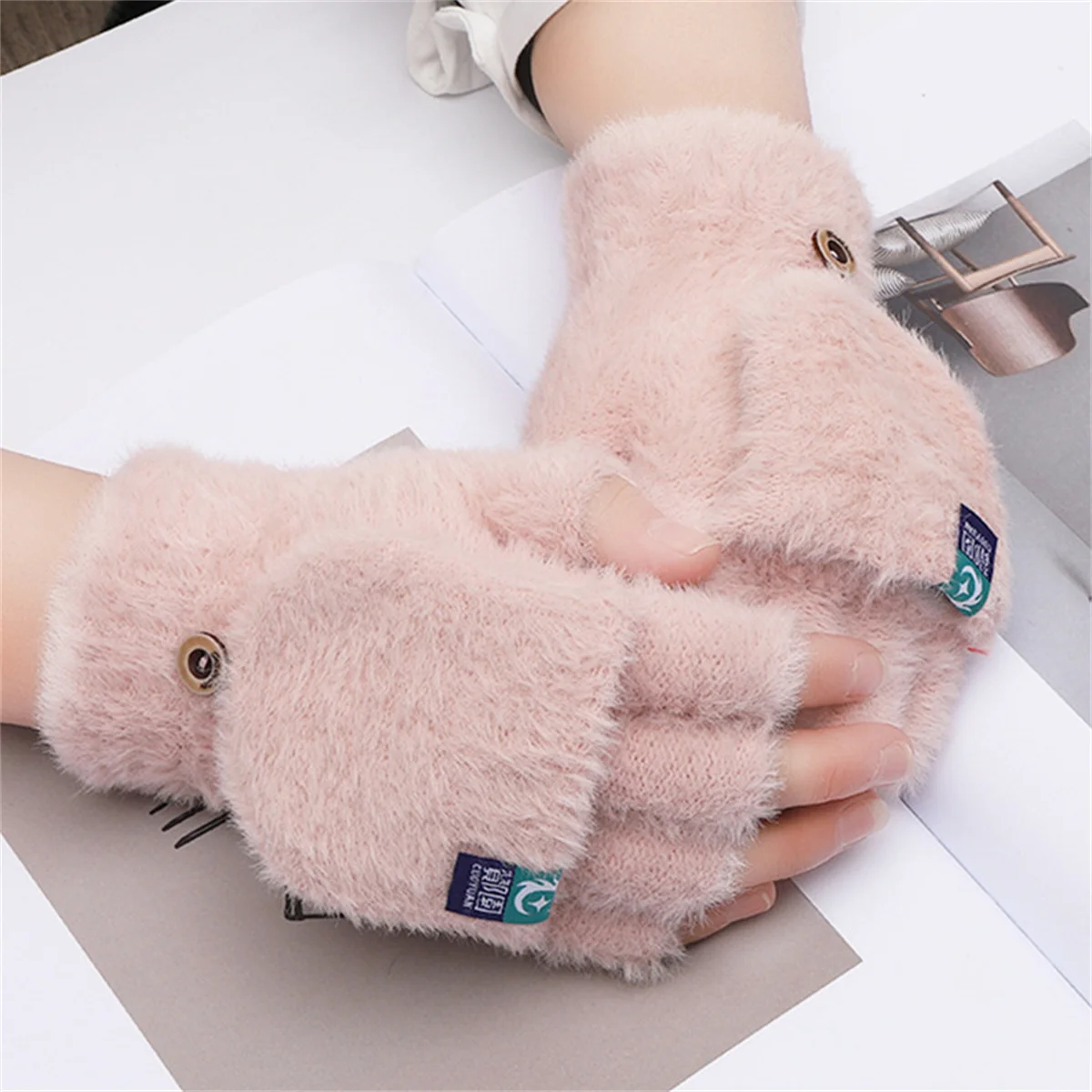 Guantes sin dedos de felpa para mujer, manoplas de invierno suaves y cálidas para estudiantes, guantes con tapa para escribir al aire libre, protección contra el frío engrosada