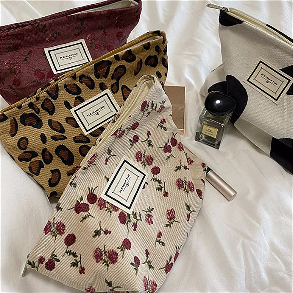 Corduroy化粧品バッグ女性用、大容量、トイレオーガナイザー、ジッパーメイクアップポーチ、ポータブルトラベル、化粧品収納クラッチ