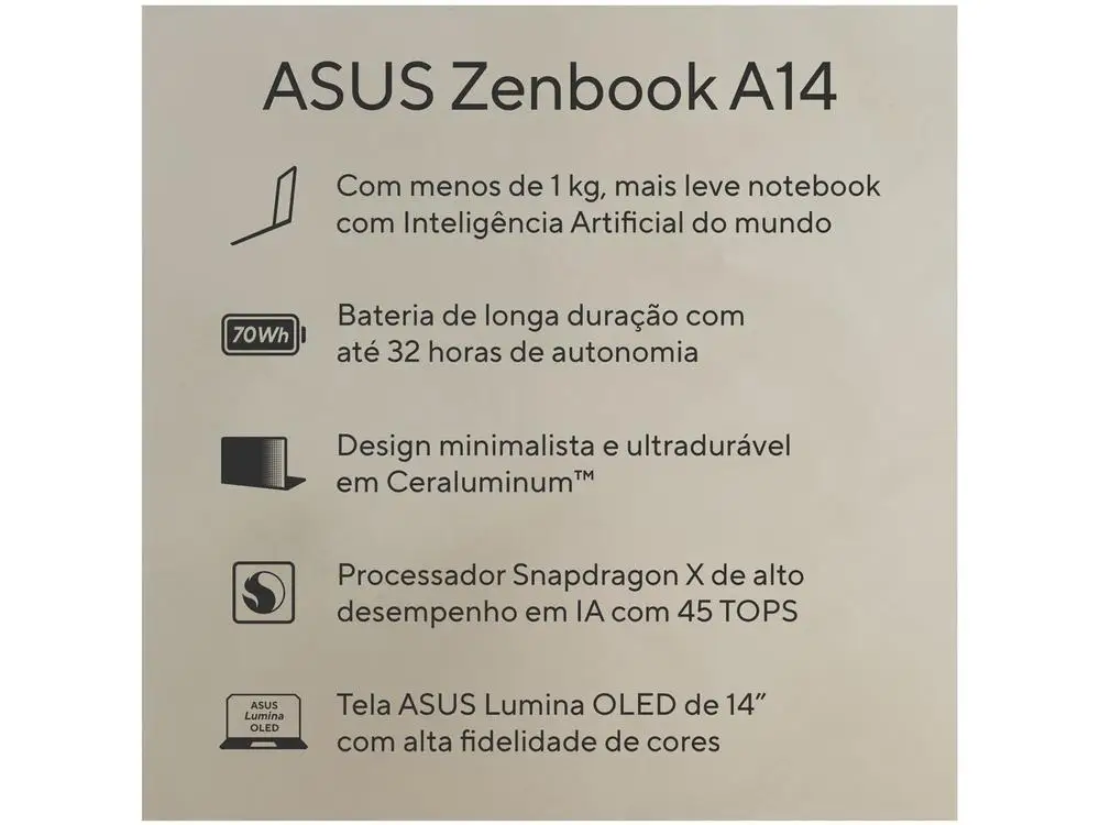 Notebook ASUS Zenbook A14 UX3407QA-QD391W Qualcomm Snapdragon 1TB SSD 32GB RAM 14" Windows 11