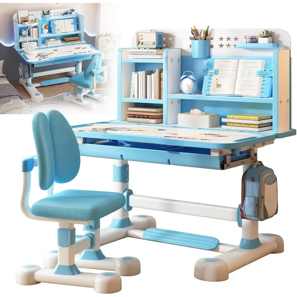 Small Desk, Kids Study Desk Chair Set, Height Adjustable Children School Study Table Chair Set with Sitting Corrector