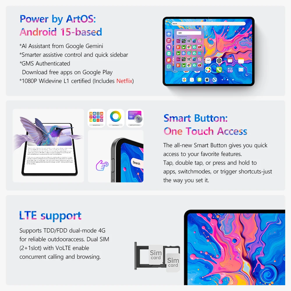 Teclast ArtPad Pro 12,7" 2,2K UHD Display 20GB RAM (8+12 Virtual) 256GB ROM Helio G99 10000mAh 30W Android 15 Tablet Global LTE