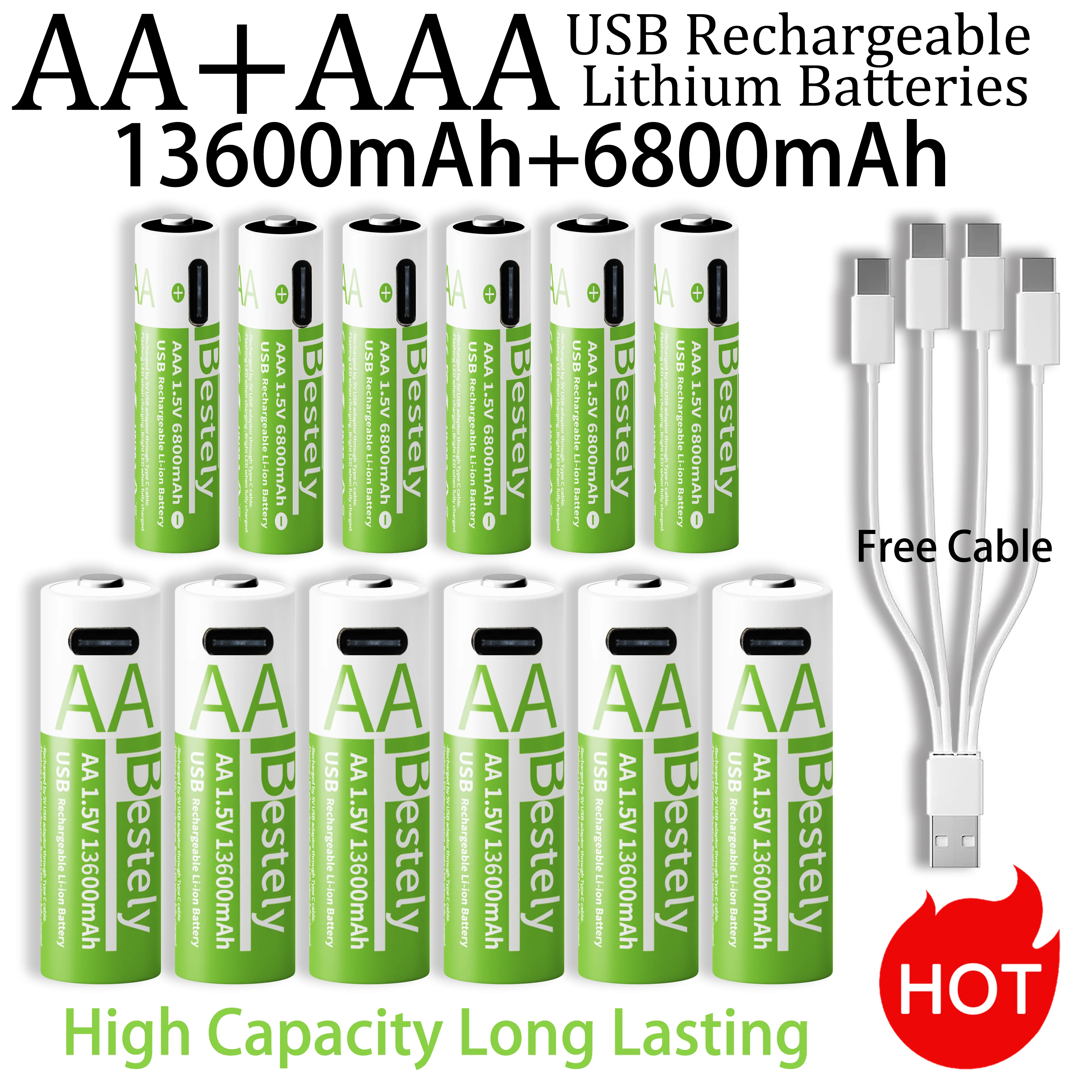 New 1.5V AA 13600mAh+AAA 6800mAh Rechargeable Lithium Batteries Fast Charging Li-ion Battery 2000 Cycles with Free USB- C Cables