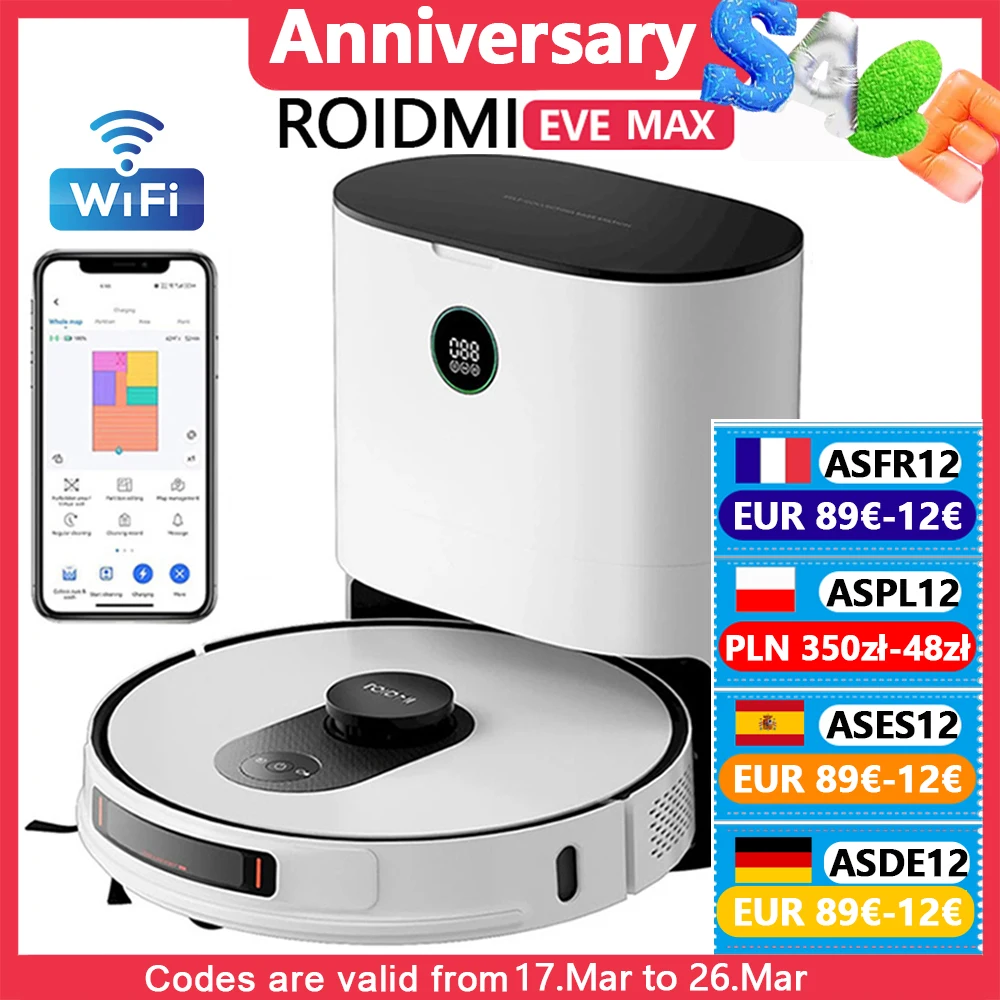 ROIDMI EVE MAX Roboterstaubsauger MOP Wischfunktion mit Auto-Saugstation 75 Tage, 5000 Pa, 250 Min. 3L App LDS Staubsaugerroboter