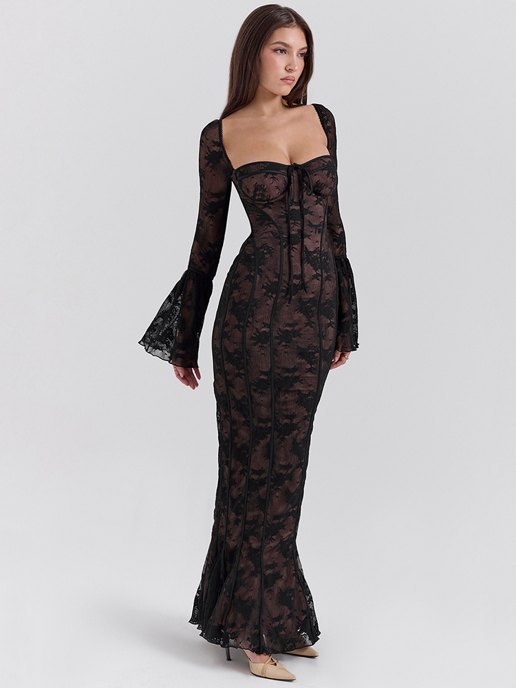 Mozision Spitze Druck Lange Flare Hülse Sexy Maxi Kleid Für Frauen Fashion Square Kragen Backless Bodycon Club Party Sexy Kleid