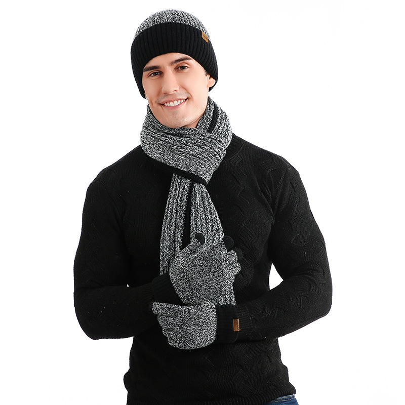Conjunto para mantener el calor de otoño e invierno para hombre, gorro Unisex, guantes, bufanda, silenciador de punto de hilo de lana para hombre, sombrero de Color de contraste para primavera y otoño