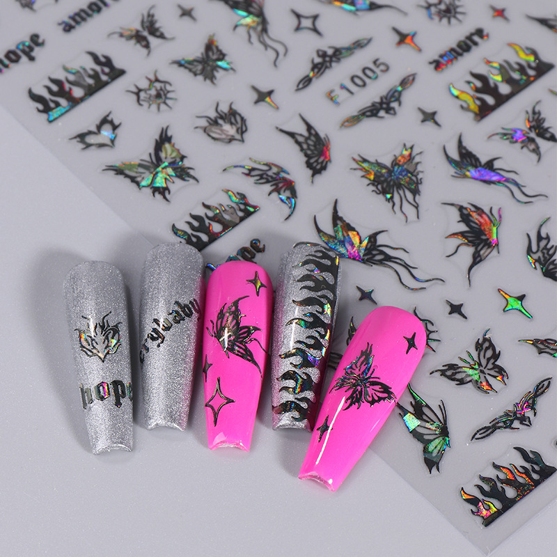 1 Uds. Pegatinas de uñas láser de mariposa blanca y negra Y2K decoración de uñas líneas abstractas pegatinas de flores bronceadas para uñas
